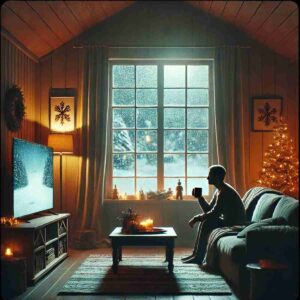 An AI generated image of a somber holiday scene with a person drinking hot cocoa and watching a classic Christmas movie alone.