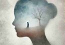 An AI generated image of the side profile of a woman, with a double exposure of a lonely woman and a bare tree inside the profile image.