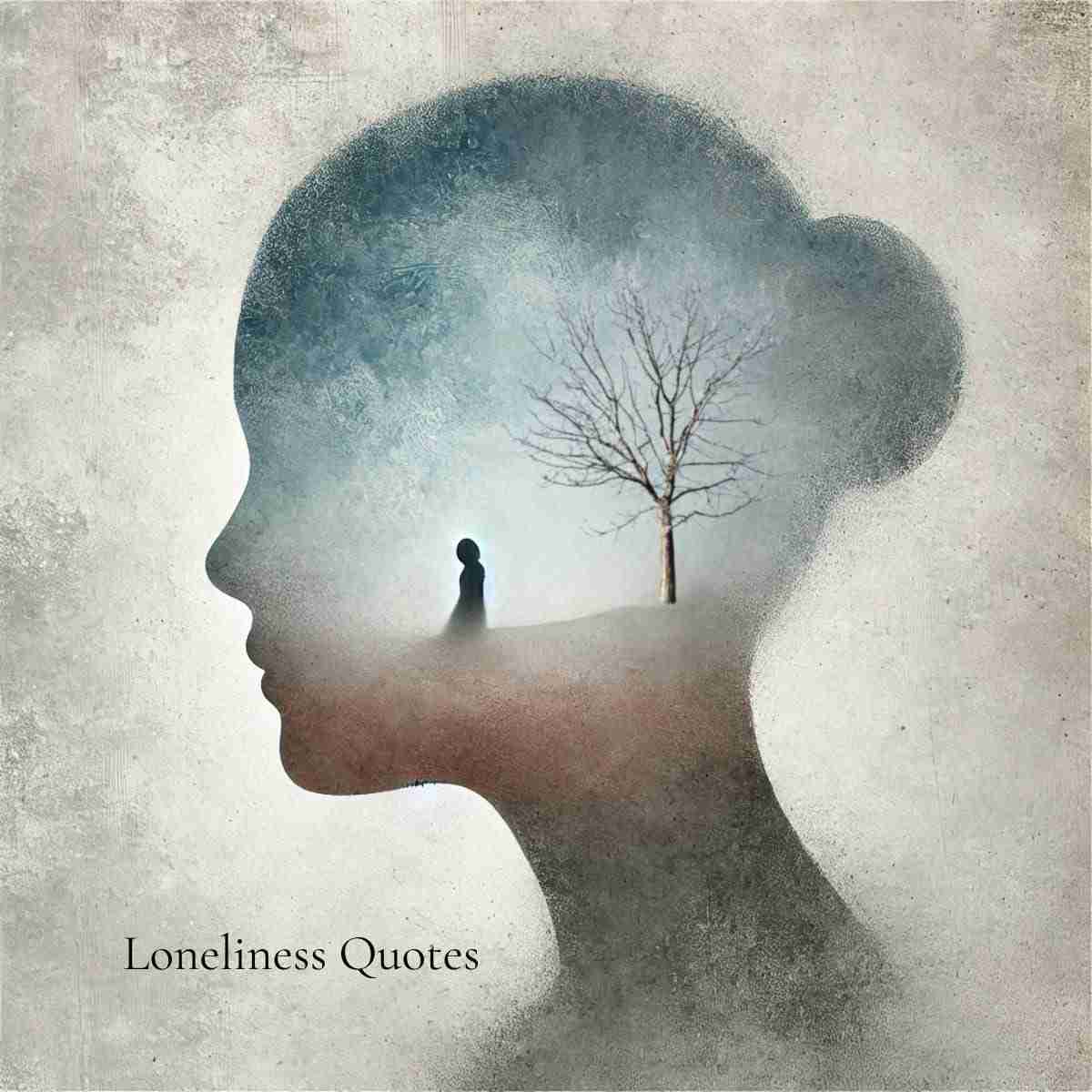 An AI generated image of the side profile of a woman, with a double exposure of a lonely woman and a bare tree inside the profile image.