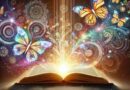 AI-generated image of holographic butterflies and sacred geometry emerging from an open book with a beam of light penetrating the center