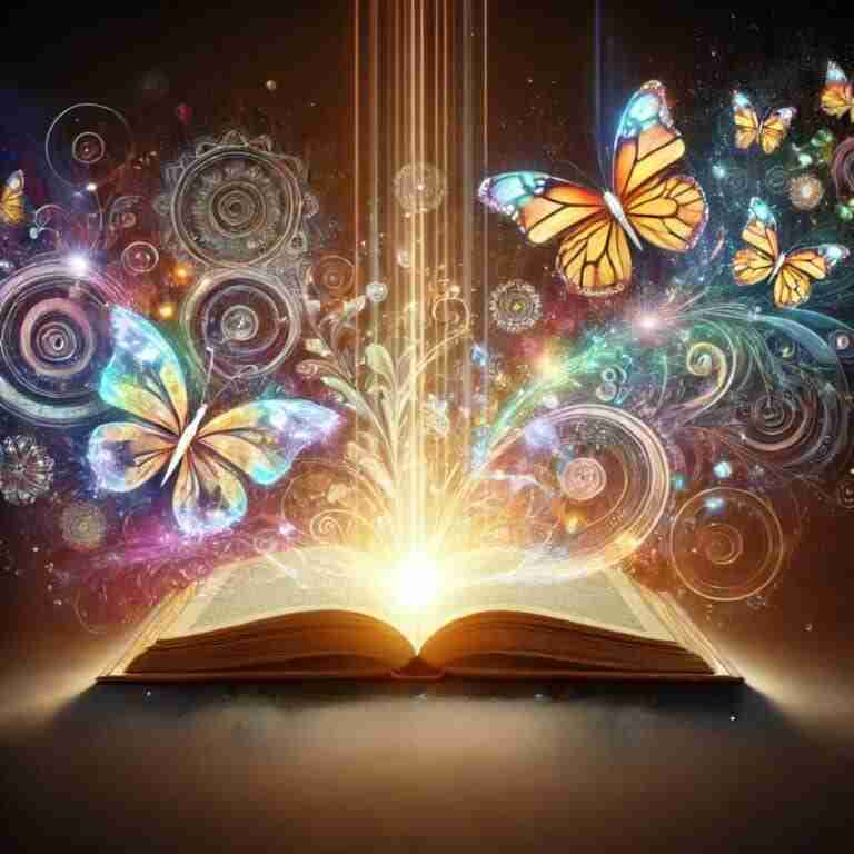 AI-generated image of holographic butterflies and sacred geometry emerging from an open book with a beam of light penetrating the center