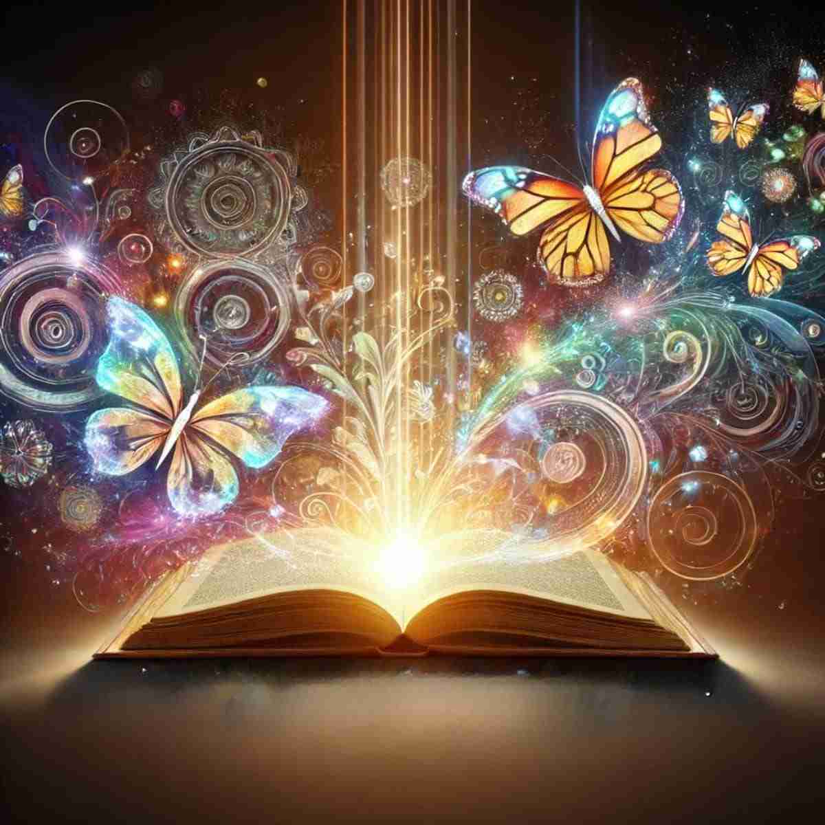 AI-generated image of holographic butterflies and sacred geometry emerging from an open book with a beam of light penetrating the center