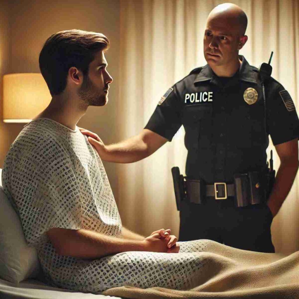 An AI generated image of a male rape victim in the hospital discussing what happened with a kind looking male officer.