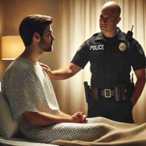 An AI generated image of a male rape victim in the hospital discussing what happened with a kind looking male officer.