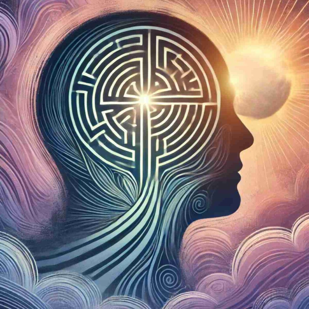 AI-generated image of a human head silhouette with a glowing, intricate labyrinth or pathway inside, symbolizing the inner journey toward meaning.