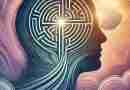 AI-generated image of a human head silhouette with a glowing, intricate labyrinth or pathway inside, symbolizing the inner journey toward meaning.