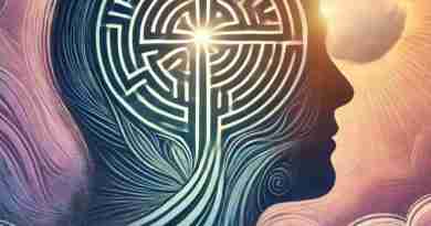 AI-generated image of a human head silhouette with a glowing, intricate labyrinth or pathway inside, symbolizing the inner journey toward meaning.