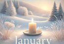AI-generated image image of a candle burning outside in a snowy forest, with the words "January A Fresh Start"