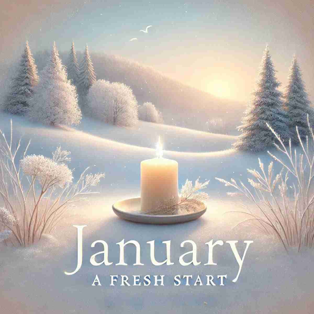 AI-generated image image of a candle burning outside in a snowy forest, with the words "January A Fresh Start"