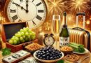 AI-generated image of a new years eve banquet table complete with champagne, grapes, cash, black-eyed peas, and clocks about to strike twelve.