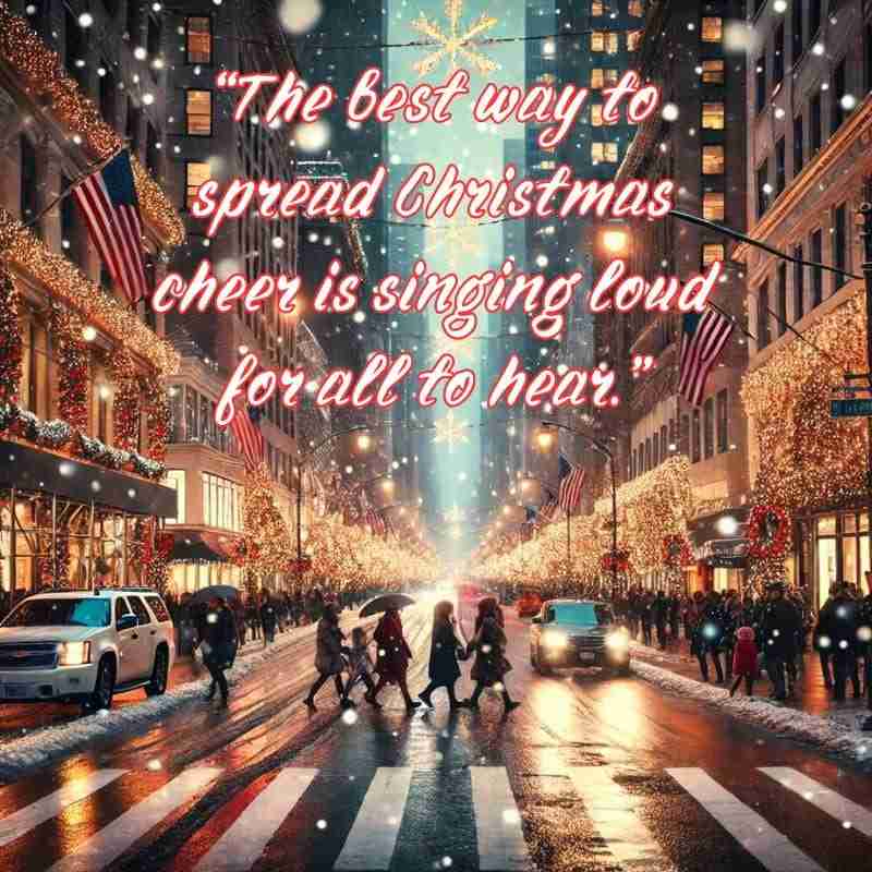 An AI generated image of a bustling New York City street during winter, with holiday decorations and snow falling. The text overlay reads, "The best way to spread Christmas cheer is singing loud for all to hear."