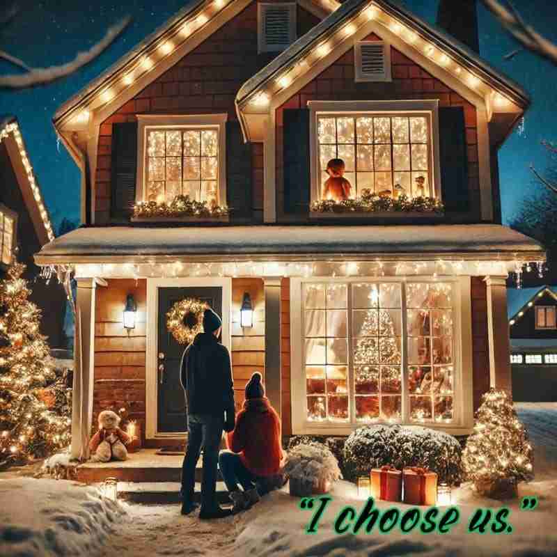 An AI generated image of a cozy suburban house lit up for Christmas, with a snowy lawn and a couple looking inside through a window. The text overlay reads, "I choose us."