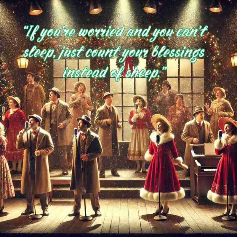 An AI generated image of a stage with performers in festive costumes, snow gently falling, or a snowy ski lodge with pine trees. There is a text overlay with a quote from the movie that reads, "If your're worried and you can't sleep, just count your blessing instead of sheep."