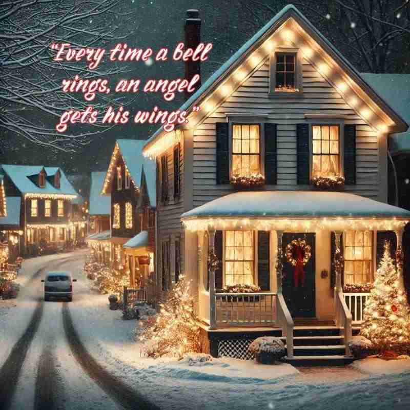 An AI generated image of a snowy small town street, lit with warm holiday lights, with a modest, festive home in the background. The quote from this classic Christmas movie is place over the image, “Every time a bell rings, an angel gets his wings."