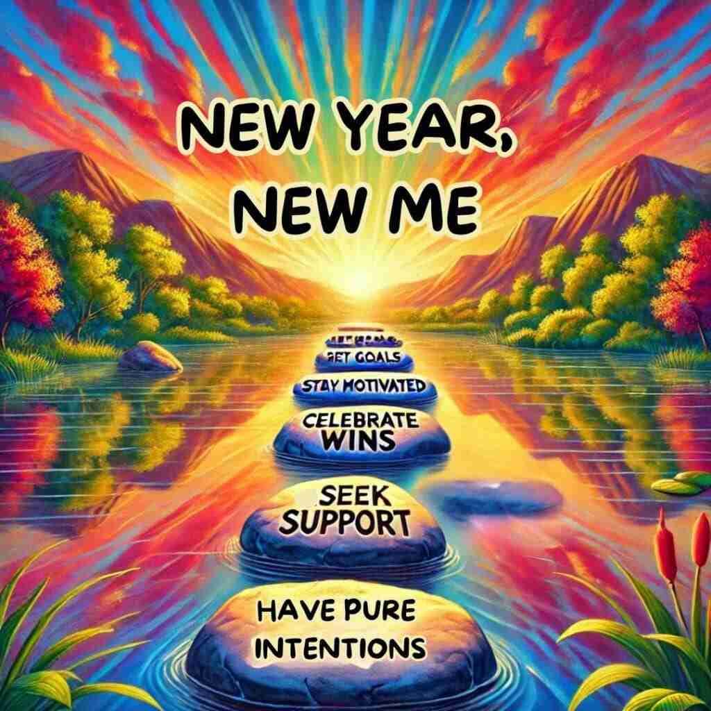 celebrate achievments - Resilient Stories AI-generated image of a brightly-colored sunrise over a stream with stepping stones throughout. Each stone has a positive affirmation for the new year, new me mindset,