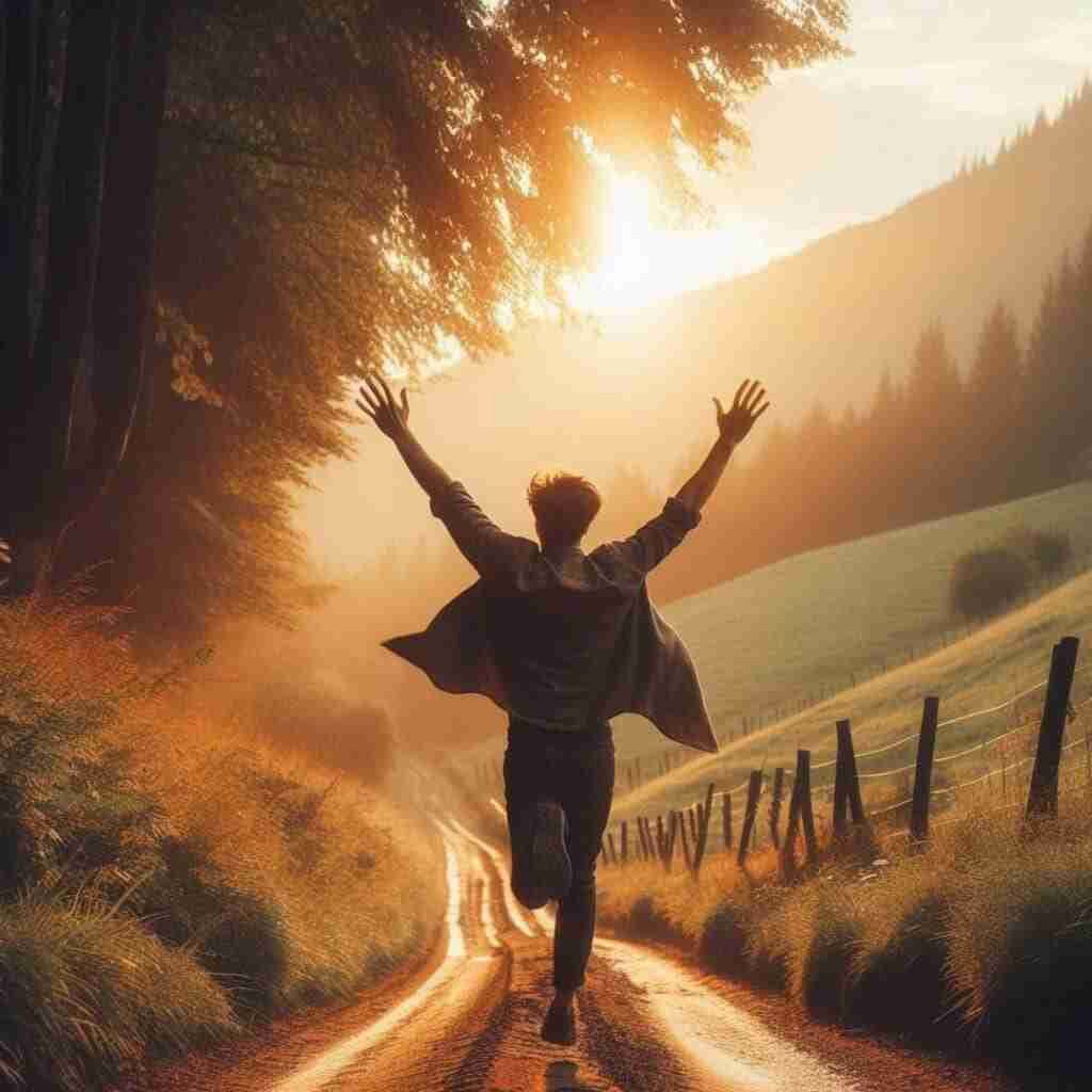 celebrate achievments (2) - Resilient Stories AI-generate image of a young man running excitedly down a country path at dusk with arms in the air in a exuberant state.