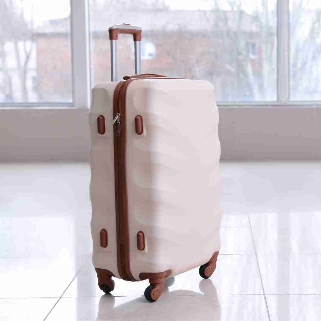 Photo of a roller suitcase on a white tile floor in front of big windows.
