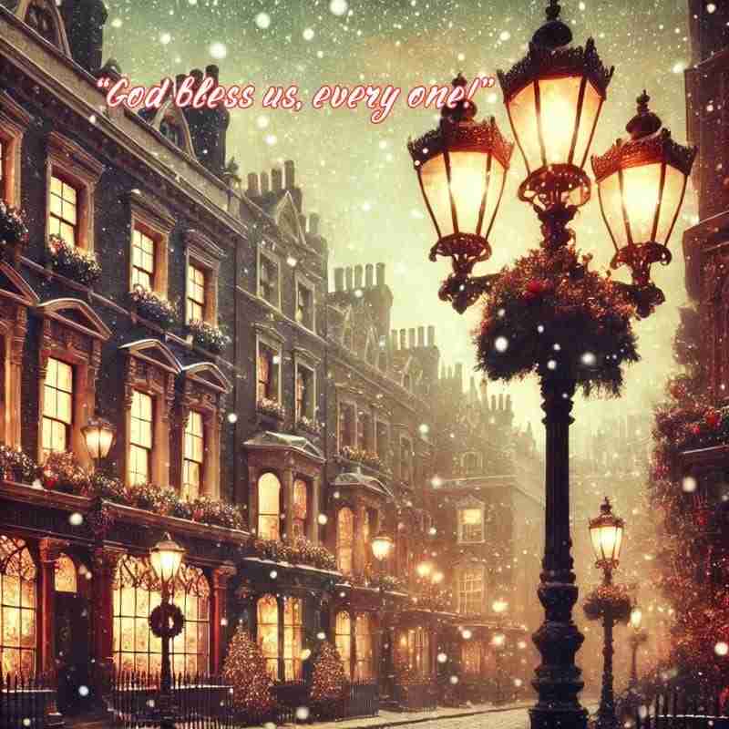 An AI generated image of a Victorian London street decorated for Christmas. There is a text overlay with the quote from this classic Christmas movie, "God bless us, every one!"