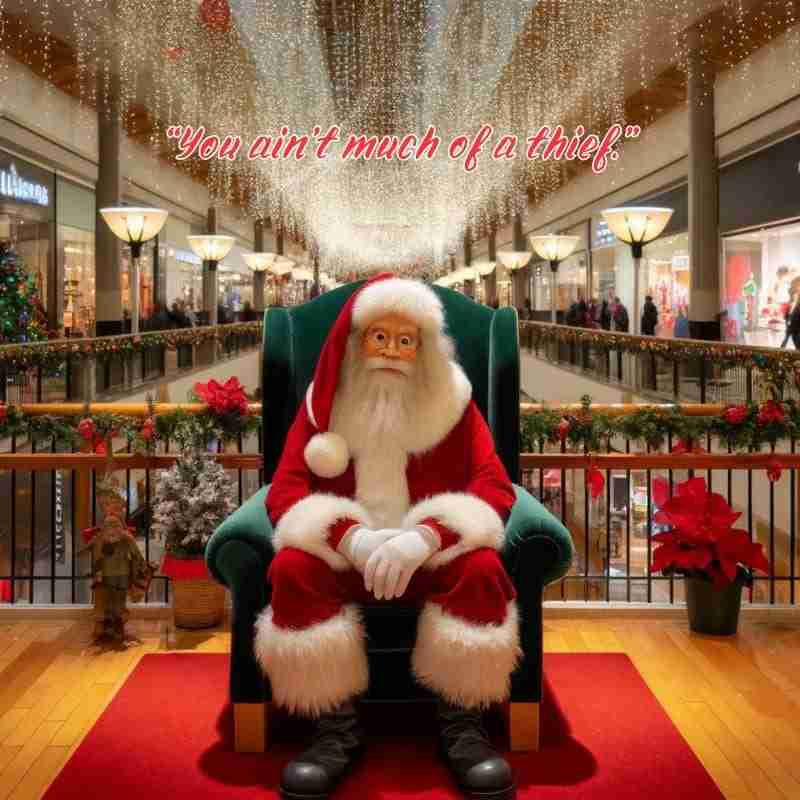 An AI generated image of a Santa figure looking rough and slightly disheveled, in a mall with festive decorations. The text overlay reads, "You ain't much of a thief."