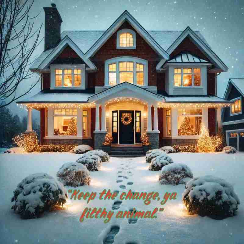 An AI generated image of a large suburban house with snow-covered grounds, lights on inside, and small footprints leading up to the door. There is a text overlay with a quote from this classic holiday movie that reads, "Keep the change, you filthy animal!"