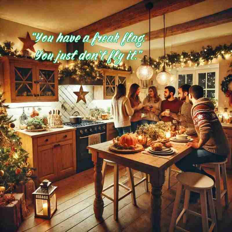 An AI generated image of a warm, bustling family kitchen with Christmas decorations, showing people gathered together. The text overlay contains a quote from this classic Christmas movie that reads, "You have a freak flag. You just don't fly it."