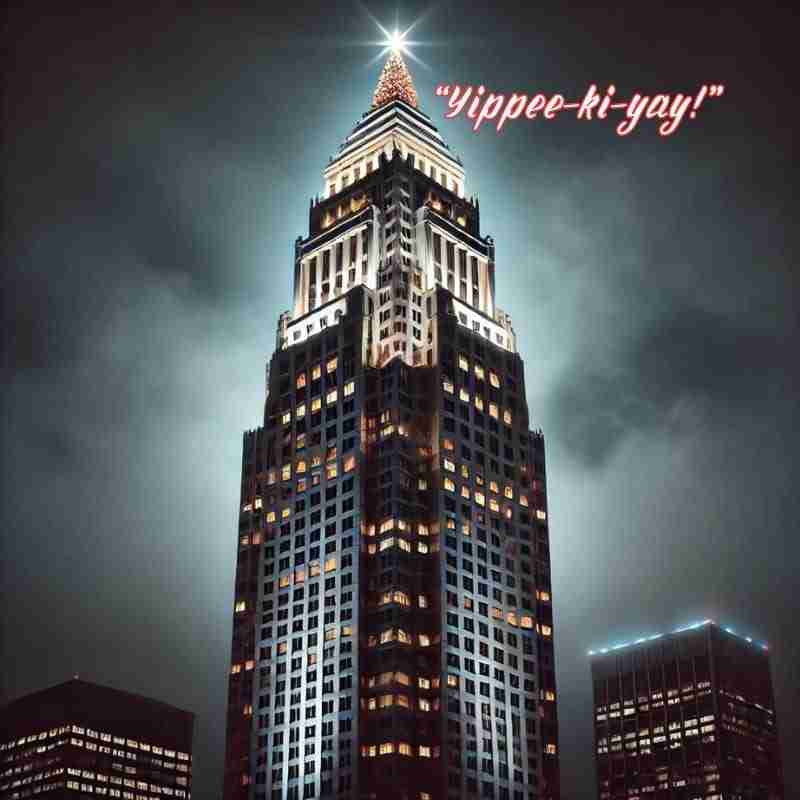 An AI generated image of a tall Los Angeles skyscraper (Nakatomi Plaza), with a few floors lit up against a night sky. The text overlay is a quote from this classic Christmas movie and it reads, "Yippee-ki-ay!"