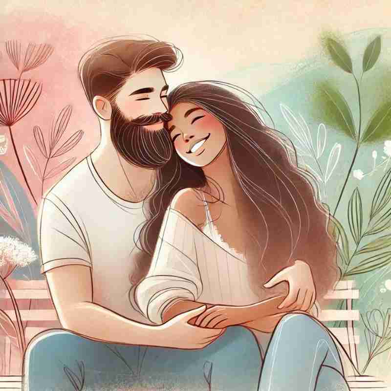 An AI generated image of a multi racial couple hugging and smiling at one another on a park bench.