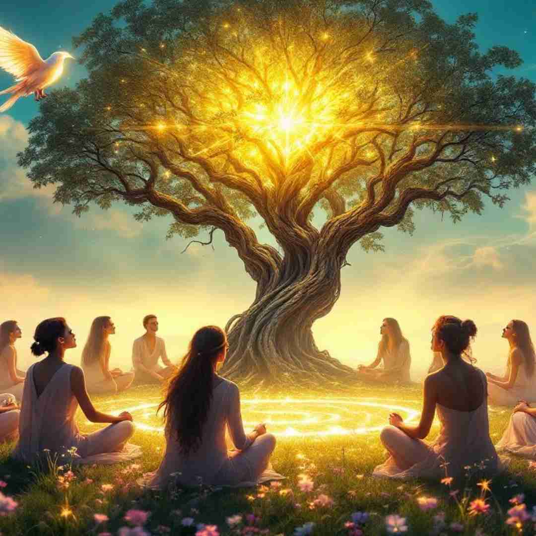 AI-generated image of a supportive group session in a substance abuse treatment program focused on higher powers. Participants are seated around a glowing ring and tree of life with a dove flying above.