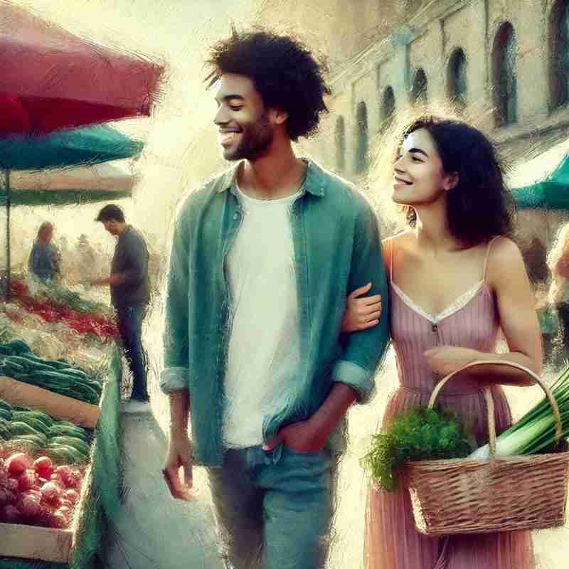 A couple strolls around a farmer's market for their second date.