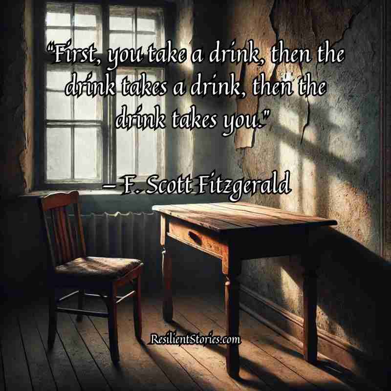 "First you take a drink, then the drink takes a drink, then the drink takes you." A quote image from F. Scott Fitzgerald that is found in our addiction recovery quotes article.