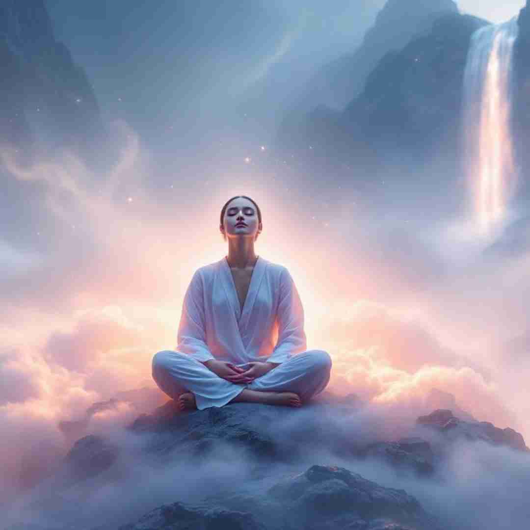 AI-generate image of a woman sitting atop a mountain surrounded by ethereal clouds and twinkling stars, experiencing a spiritual connection with her higher power.