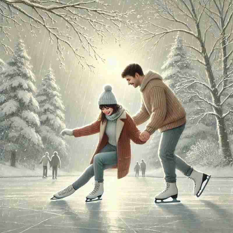 A couple enjoying some time ice skating together on their second date.