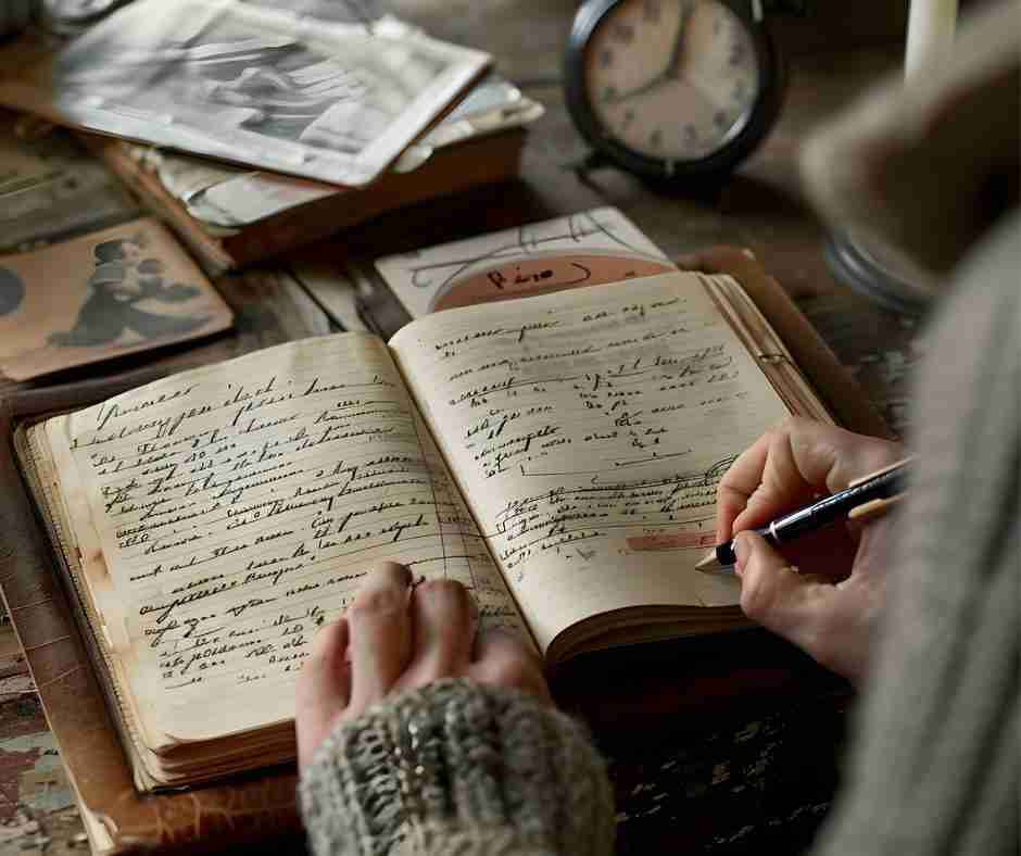 Photo of hands writing in a journal, surrounded by personal relicts, reflecting the idea of changing your personal narrative