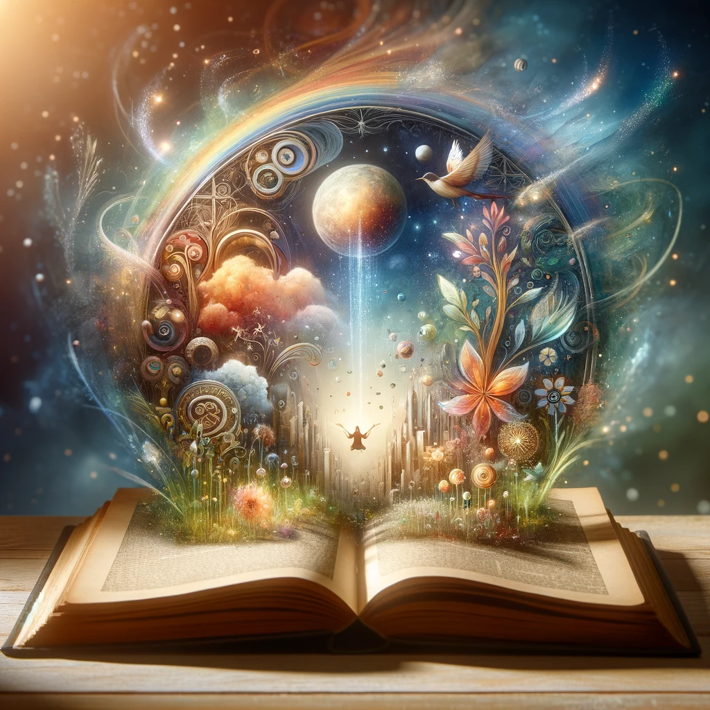 An AI generated image of an open book with a magical scene erupting from the pages.