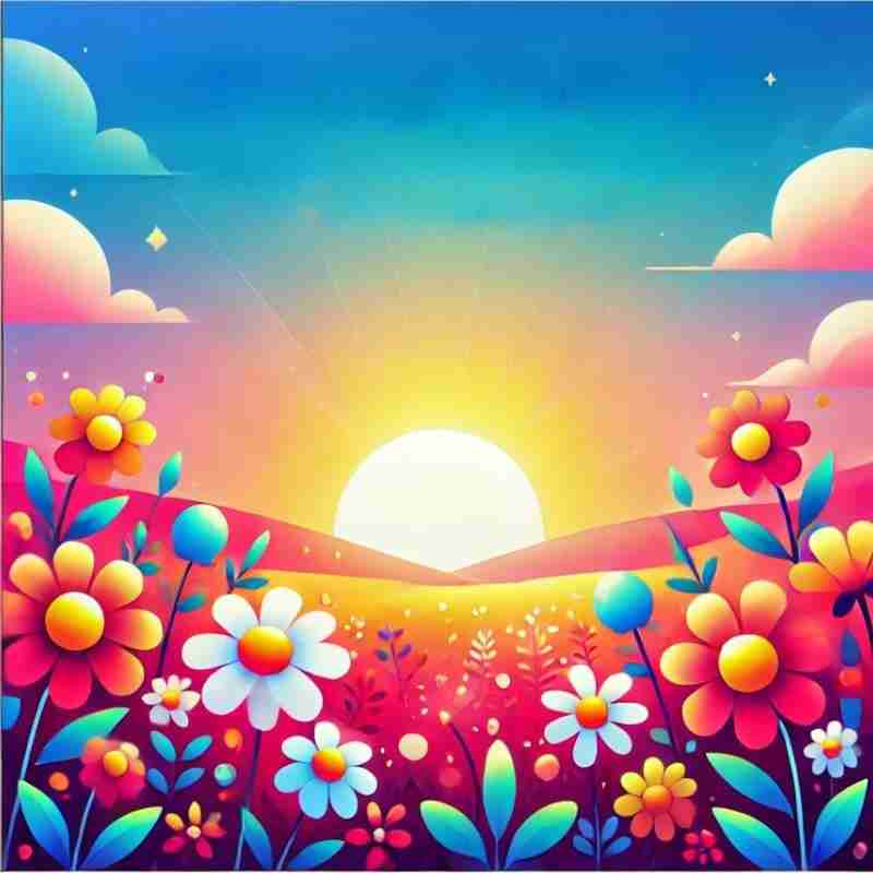 An AI generated image of a artsy field of brightly colored flowers. There is a bright blue sky and a shining bright yellow sun to represent happiness.
