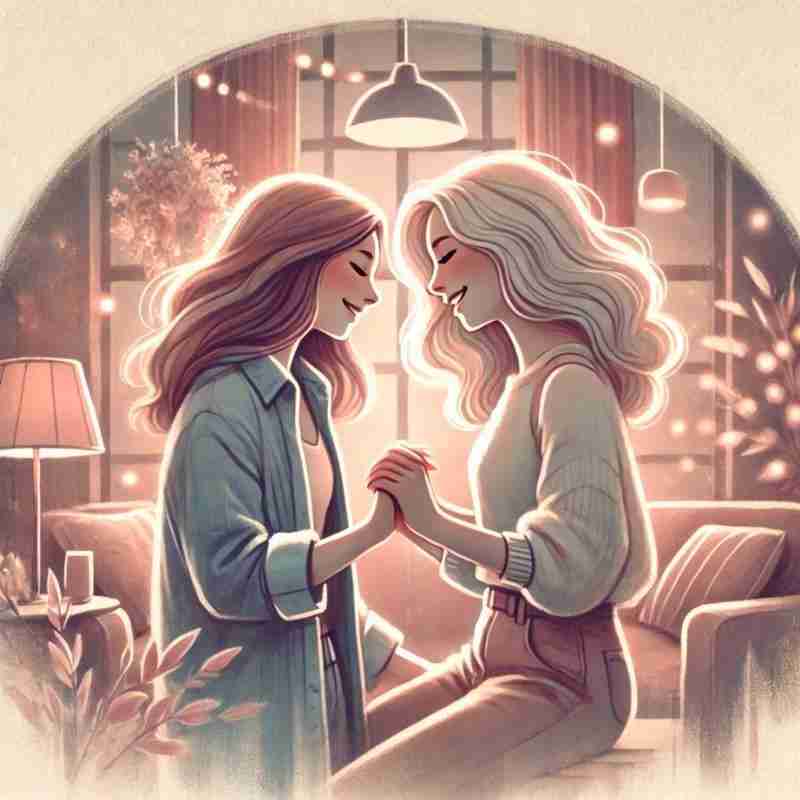An AI generated image of a lesbian couple clasping hands and having a romantic evening in their living room.