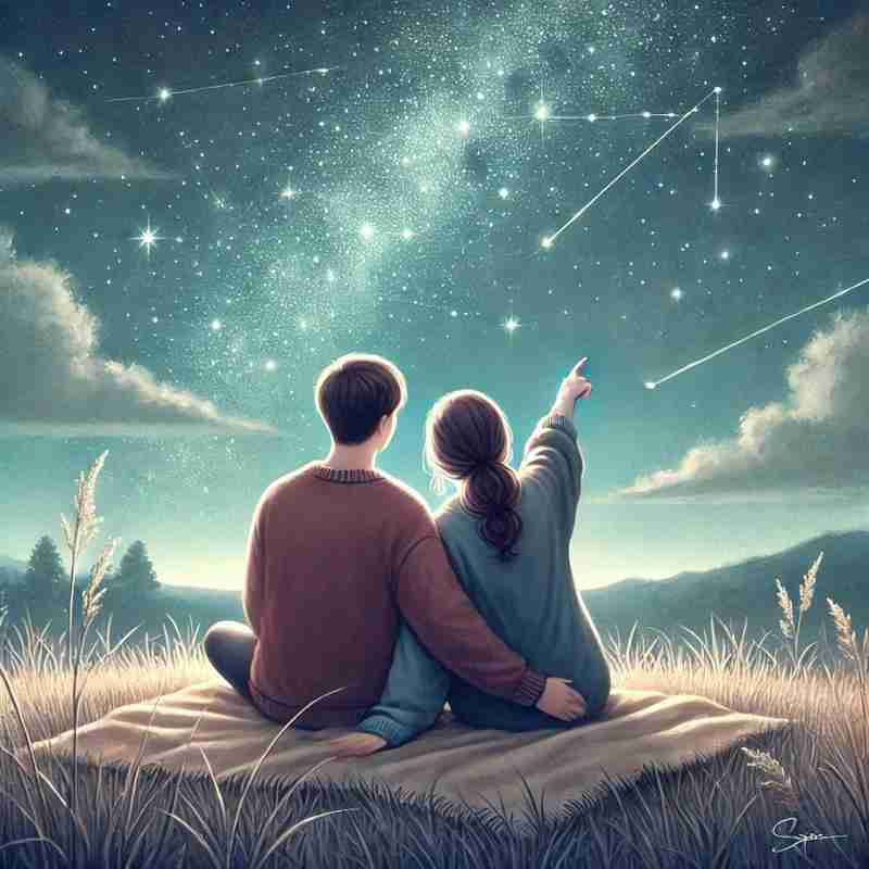A couple sitting on a blanket gazing at the stars for their second date.