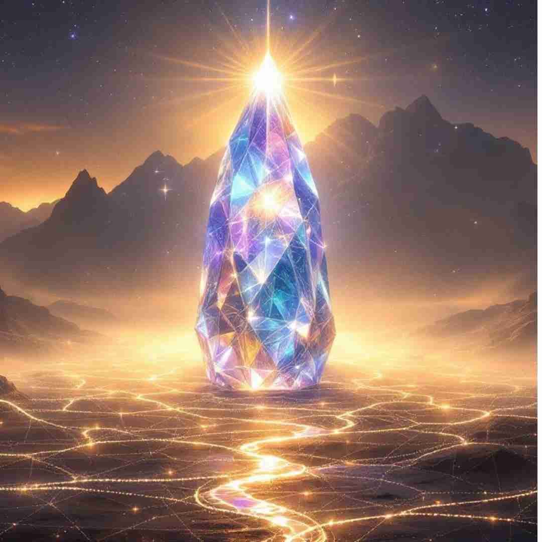AI-generated image of an abstract representation of the concept of a higher power in spirituality with a large diamond sitting atop a barren landscaped cracked with glowing lava beneath.