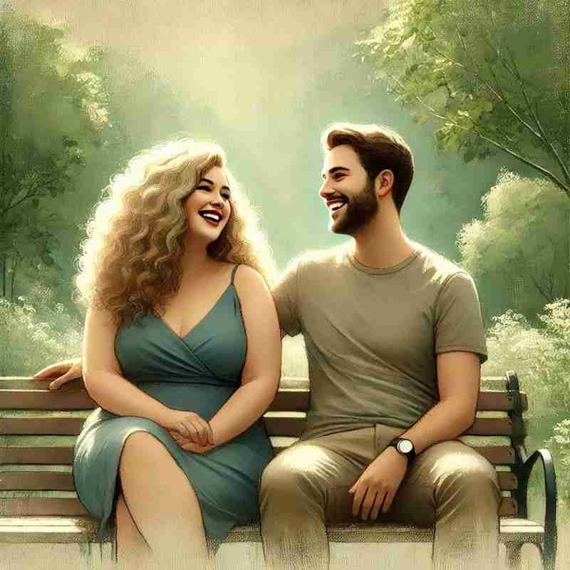 A couple sits on a park bench enjoying their second date.
