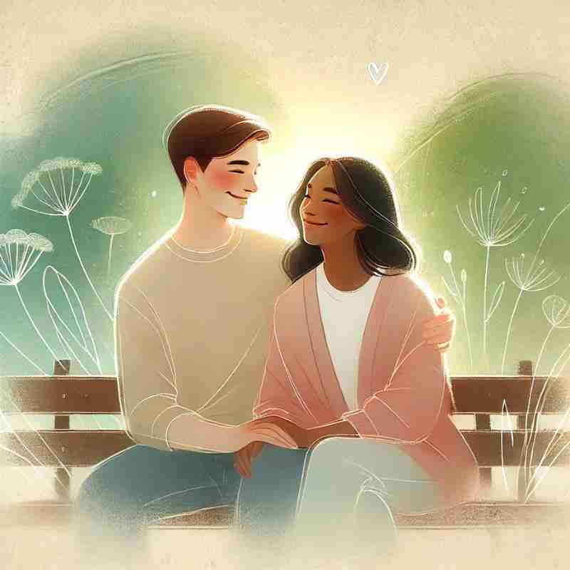An AI generated image of a couple sitting on a bench and holding hands.