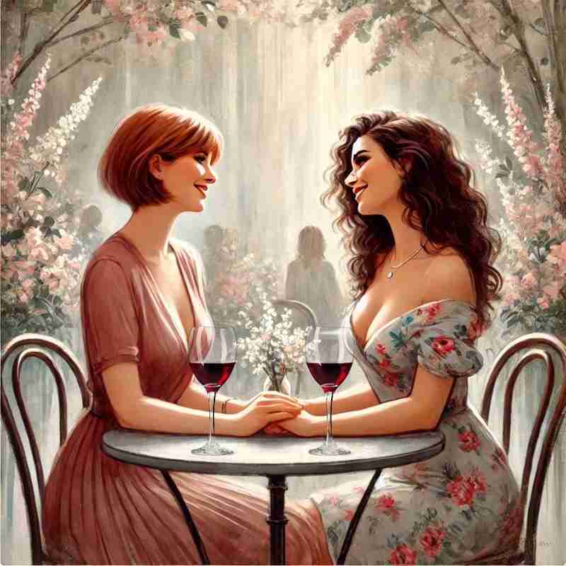 A same-sex couple enjoying their second date at a beautiful venue drinking wine.