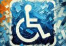 A symbol of a person in a wheel chair against a colorful blue and orange background.