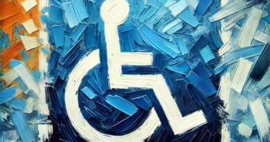 A symbol of a person in a wheel chair against a colorful blue and orange background.