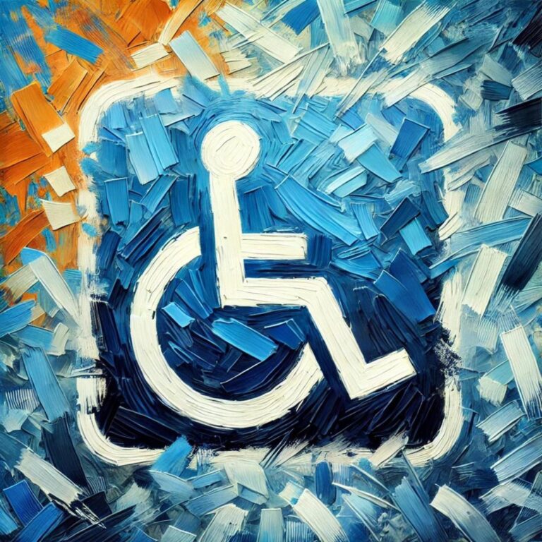 Accessible Travel Featured | Resilient Stories A symbol of a person in a wheel chair against a colorful blue and orange background.