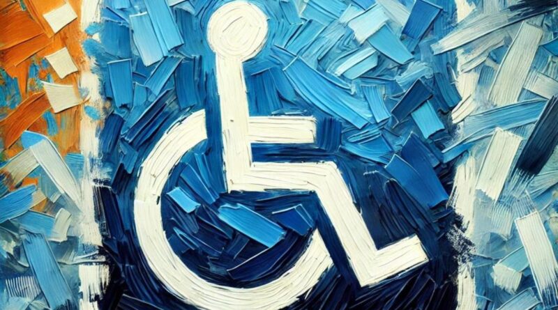 A symbol of a person in a wheel chair against a colorful blue and orange background.