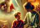 An AI generated image of of a young boy sitting with his mother in a cozy, modest living room. The mother, with a warm and reassuring expression, is gently talking to the boy, about the gratitude message behind the holidays as she explains there is no Santa. In the background, a subtle, dreamlike depiction of Santa fades away, symbolizing the transition from childhood wonder to understanding.