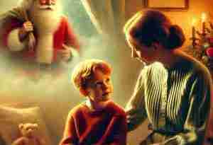 An AI generated image of of a young boy sitting with his mother in a cozy, modest living room. The mother, with a warm and reassuring expression, is gently talking to the boy, about the gratitude message behind the holidays as she explains there is no Santa. In the background, a subtle, dreamlike depiction of Santa fades away, symbolizing the transition from childhood wonder to understanding.