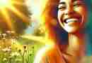 An AI generated illustration of a joyful woman of color with a radiant smile standing in a sunlit meadow filled with daisies and wildflowers. The warm sunlight filters through the trees, casting a golden glow over the scene, emphasizing a sense of happiness and tranquility.