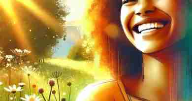An AI generated illustration of a joyful woman of color with a radiant smile standing in a sunlit meadow filled with daisies and wildflowers. The warm sunlight filters through the trees, casting a golden glow over the scene, emphasizing a sense of happiness and tranquility.