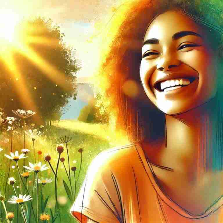 An AI generated illustration of a joyful woman of color with a radiant smile standing in a sunlit meadow filled with daisies and wildflowers. The warm sunlight filters through the trees, casting a golden glow over the scene, emphasizing a sense of happiness and tranquility.
